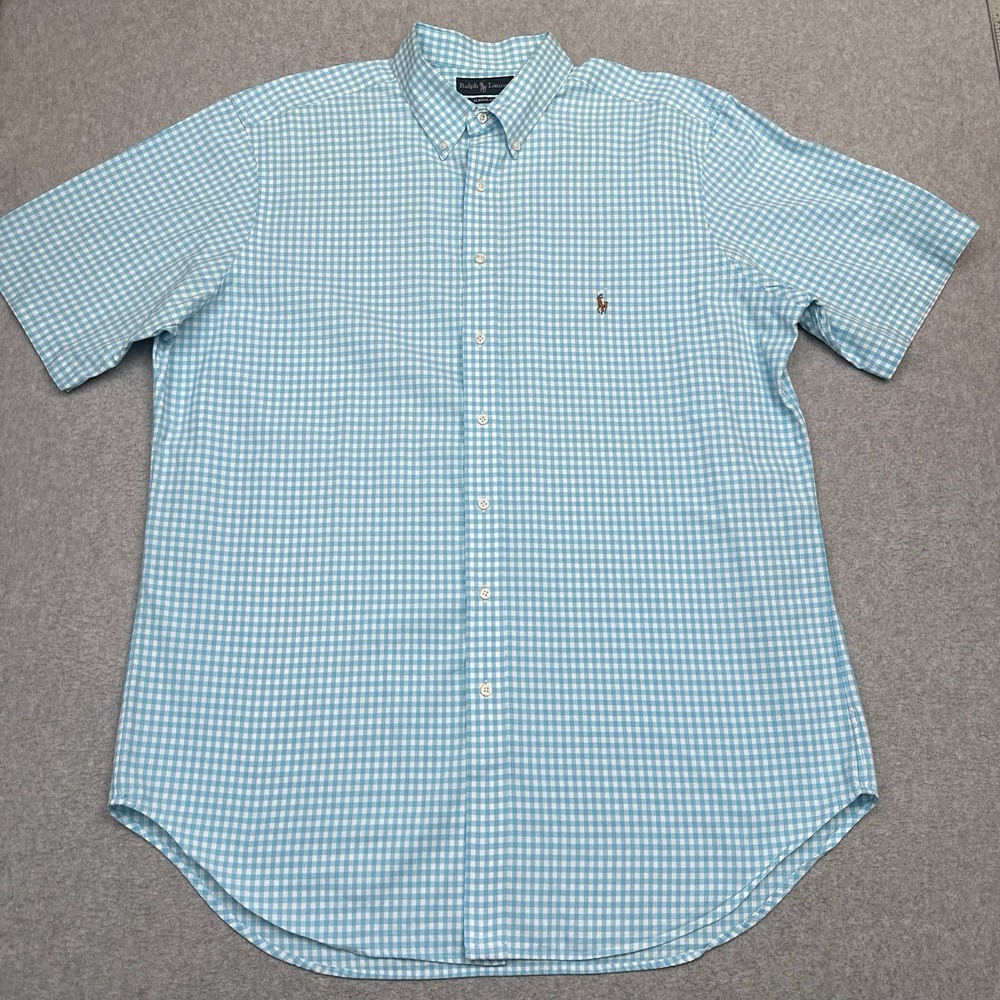 Vintage‎ Ralph Lauren Button Down Shirt Men XLT TALL Blue Check Plaid Flesh Pony - Picture 2 of 9